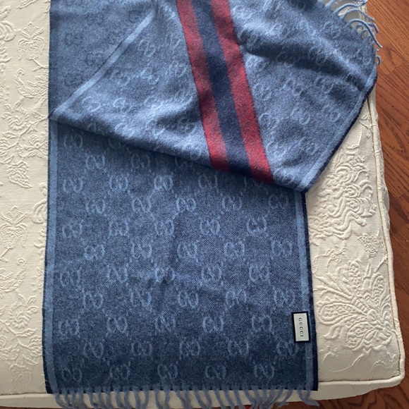 Gucci Nikky Wool Alpaca Zinc Blue Gray Fringe Scarf - Picture 5 of 6